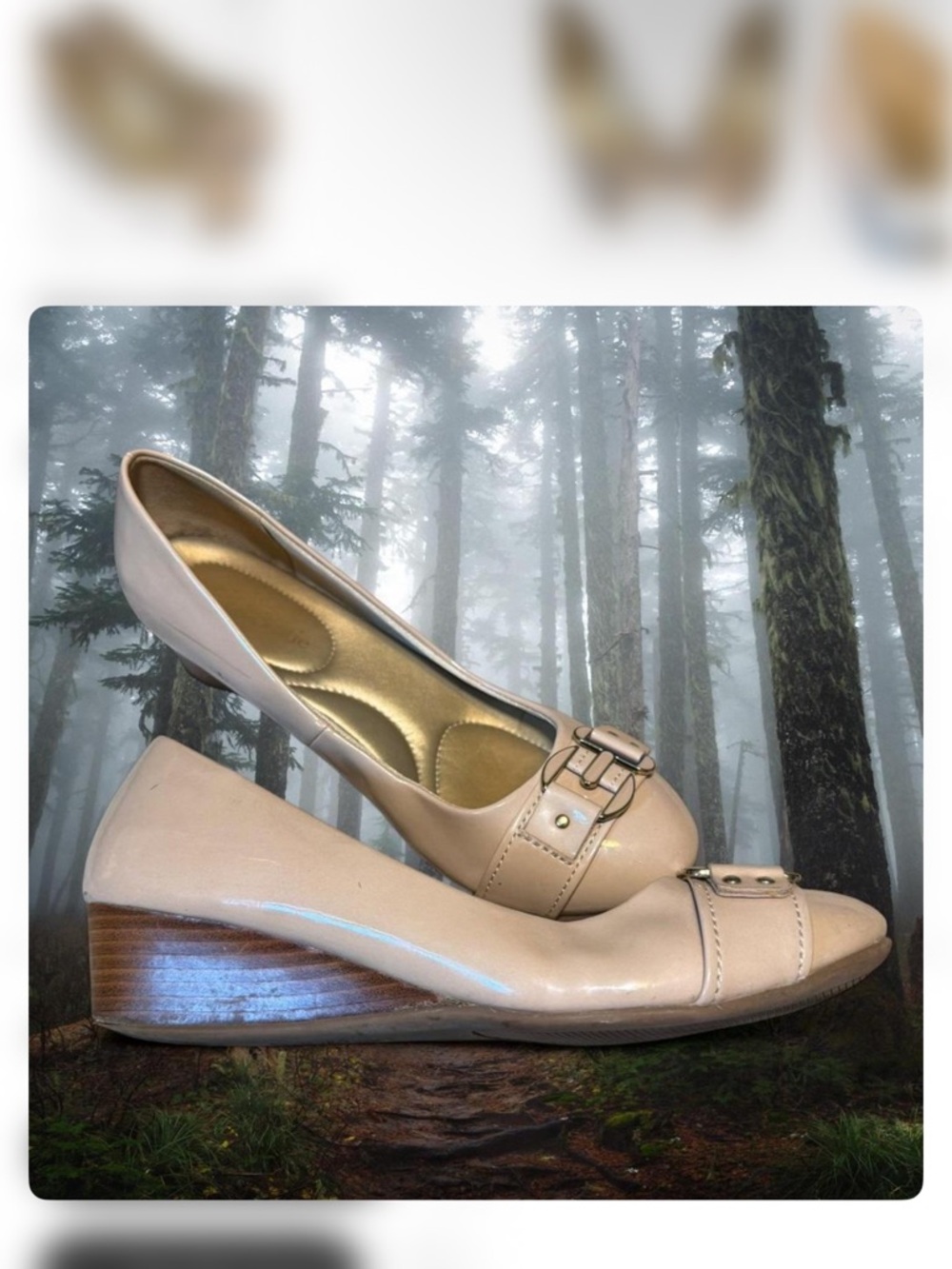 Women's Nude Patent Wedge Loafers with Buckle Accent